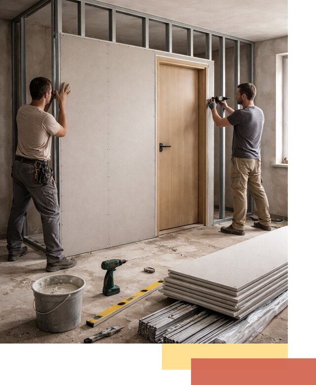 Перегородка из гипсокартона с дверью под ключ в Костроме