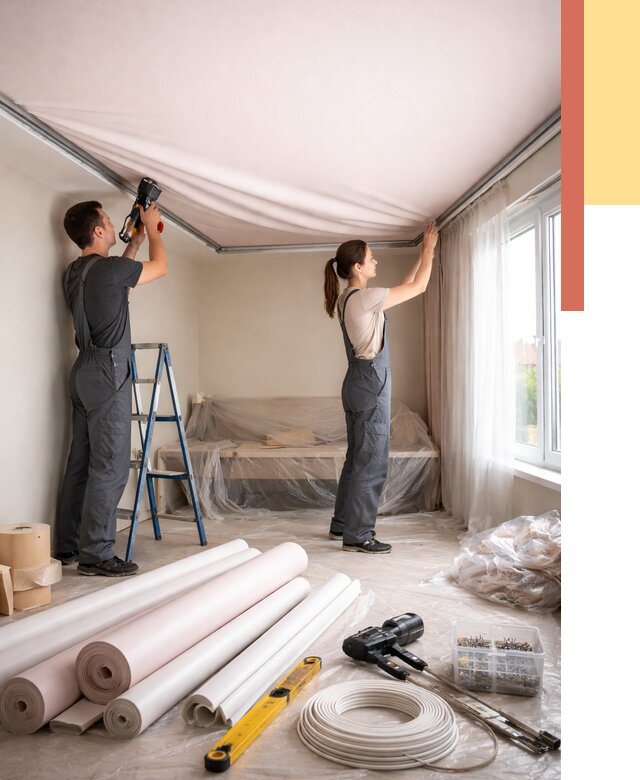 Монтаж цветного натяжного потолка в Костроме от 4288 руб/м² — быстро и недорого | ОТДЕЛОЧНИК-Кст