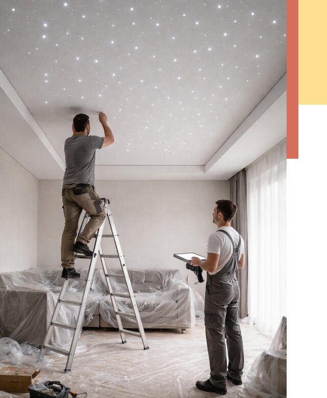 Монтаж натяжного потолка «звездное небо» в Костроме от 6636 руб. | ОТДЕЛОЧНИК-Кст