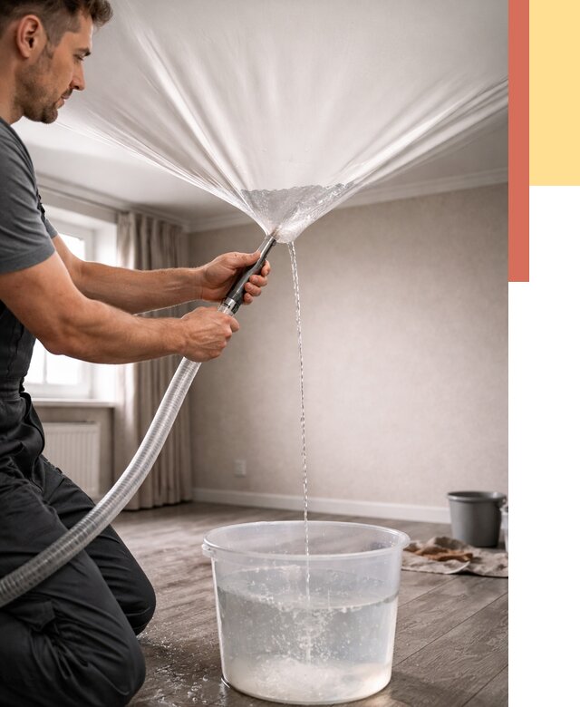 Слив воды с натяжного потолка в Костроме от 2552 руб. быстро и недорого | ОТДЕЛОЧНИК-Кст