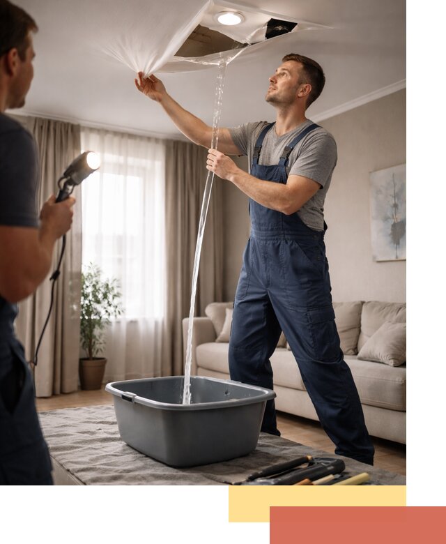 Слив воды с натяжного потолка в Костроме быстро и аккуратно