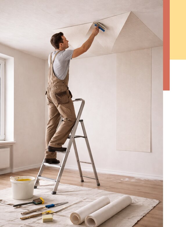 Поклейка обоев на потолок в Костроме от 4594 руб. быстро и недорого | ОТДЕЛОЧНИК-Кст